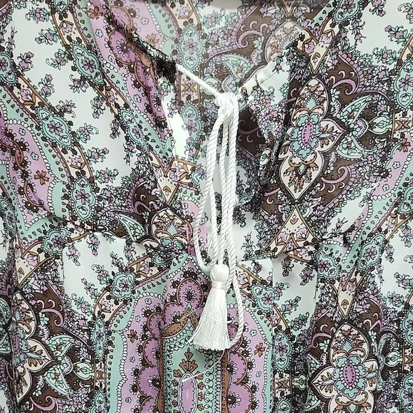 Wrangler Paisley Peasant Top Purple Turquoise Tie Neck Womens SZ L - Picture 3 of 7